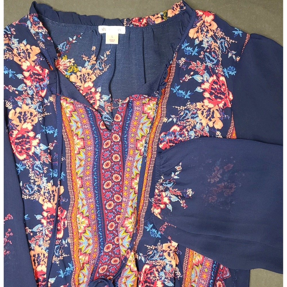 Xhilaration Floral Maxi Dress Womens L Blue Boho CottageCore Long Sleeves - Picture 1 of 6